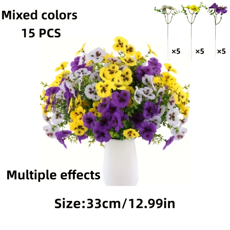 Image of 15pcs Mixed Violet, Yellow, And White Pansy Artificial Flowers | Ideal For Decor, Suitable For Hanging Baskets, , And Window Boxes - Plastic, Non, Perfect For Easter And Use
