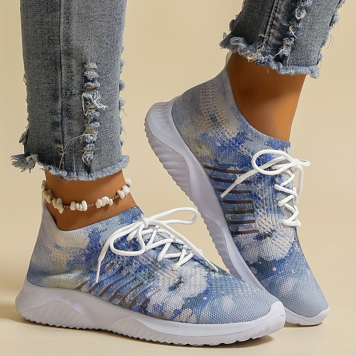

Women's Flower Pattern Sneakers, Breathable Knit Sip On Outdoor Shoes, Comfortable Low Top Sport Shoes