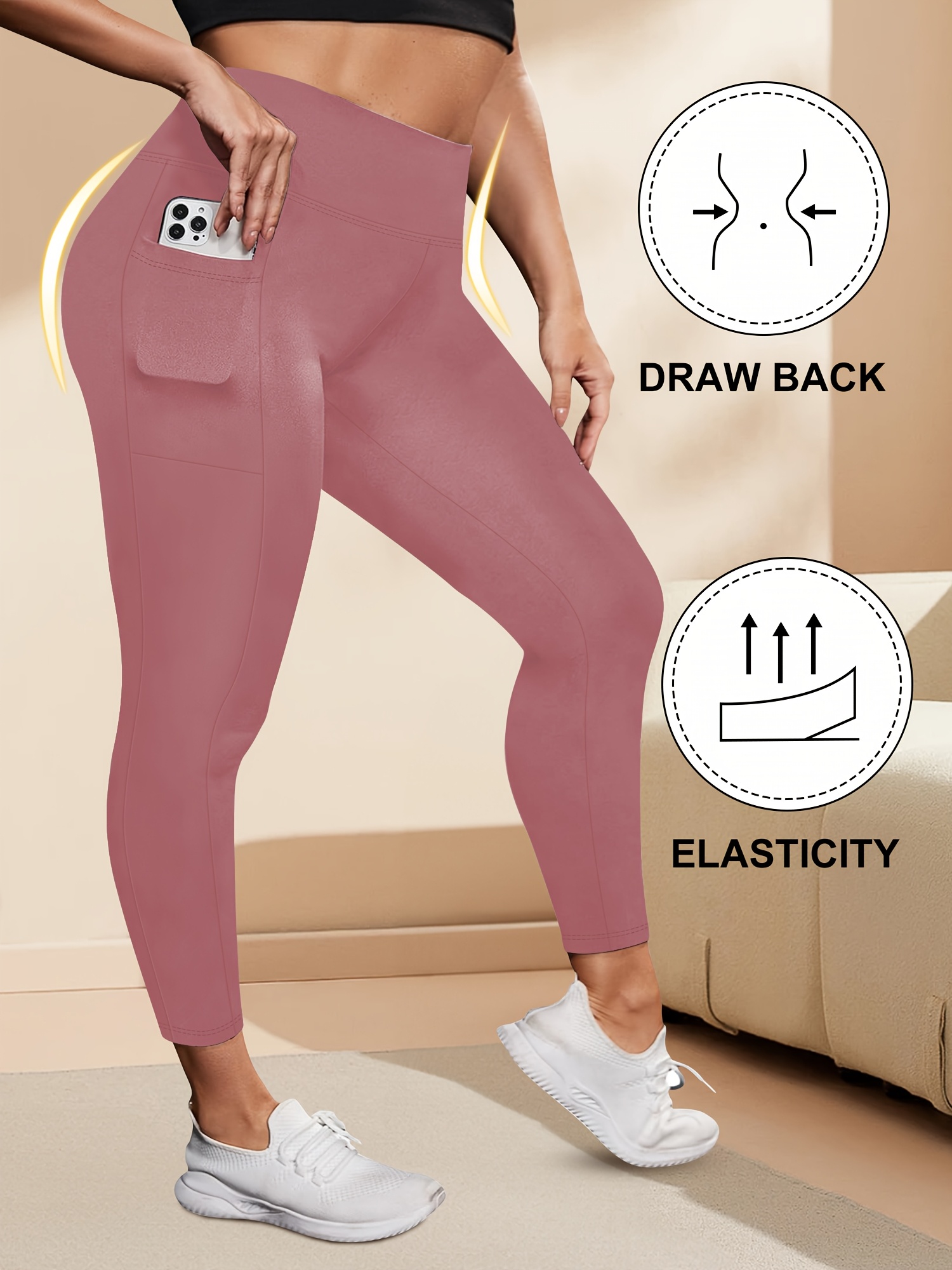 Plus Size - Women'S High-Waist 9/3 Length Leggings with Side Pockets - Stretchy, Solid Color, Casual Leggings for Daily Wear, Leggings | Highwaist Leggings | Comfortable Fit