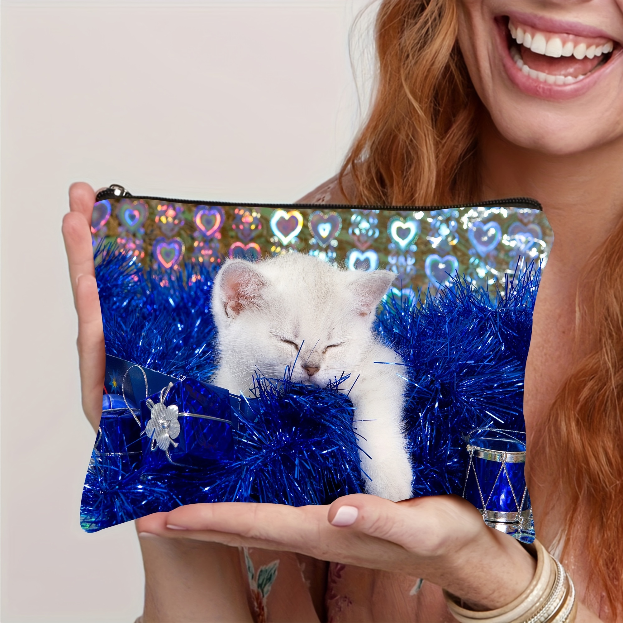 

1pc Cute Cat Print Canvas Makeup Bag, Cosmetic Pouch For Travel, Toiletry Organizer, Stationery Supplies Storage, Accessory Holder