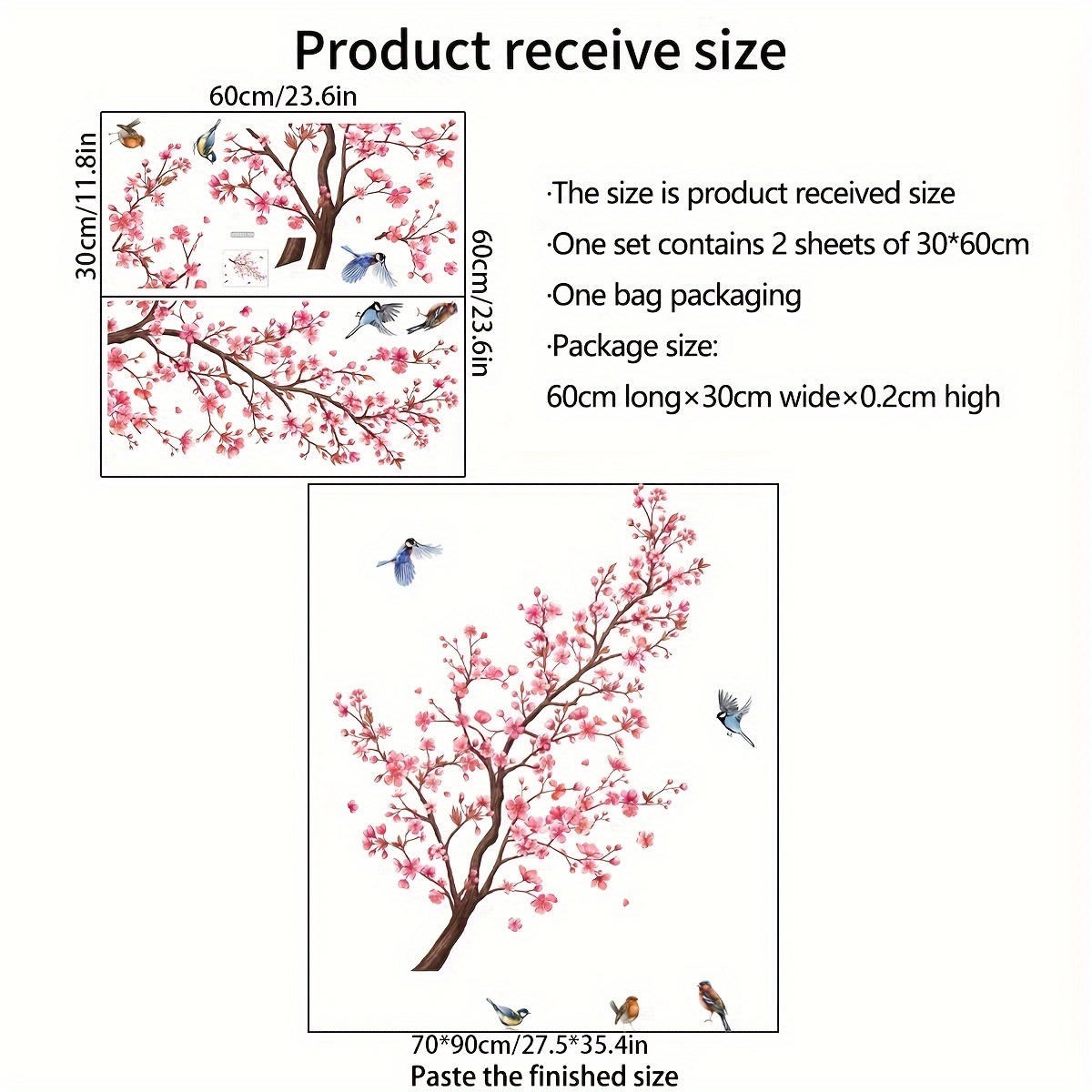 Image of A Set Of 2 (30*60cm*2pcs) Tree Branch Bird Peach Wall Stickers Background Wall Living Room Room Decoration Wall Stickers Self-adhesive Wall Stickers (ms8431)
