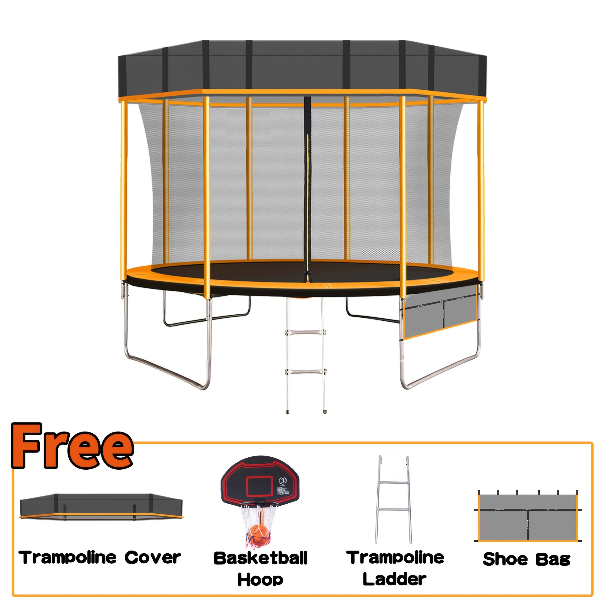 

10 Ft Trampoline With Trampiline Cover, Basketball Hoop, Ladder, And Shoe Bag - Orange