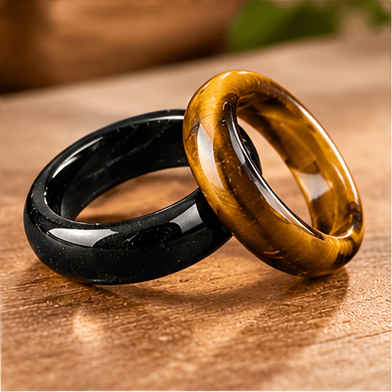 TEMU 2pcs Natural Eye & Obsidian Plain Band Ring - Minimalist Bohemian Couple's , Solid Color Suitable For Weddings, Birthdays, Christmas Gifts, For