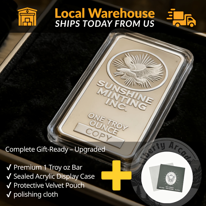 TEMU 1 Oz Silvery-plated Alloy Bar Set, Sealed Reference Specimen With Wiping Cloth, Storage Case & Velvet Pouch All Included