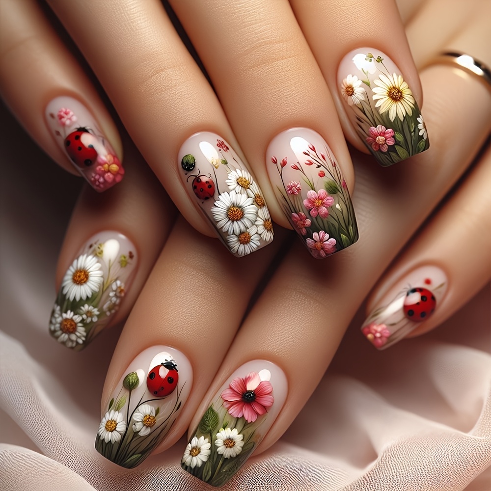 

24pcs Floral Press-on Nails - Short , Mixed Colors With Daisy And , Reusable Artificial False Nails For Women And Girls