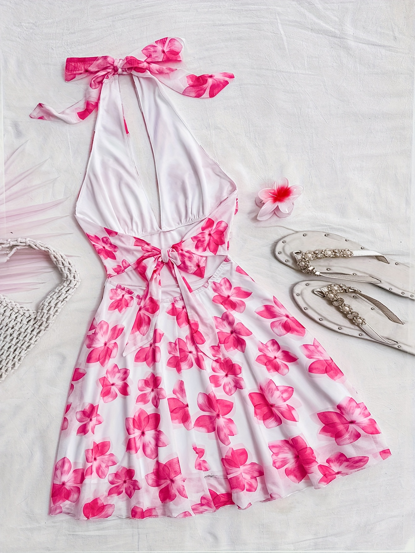 ladies holiday pink romantic tie dye floral print v neck Temu - Main Image