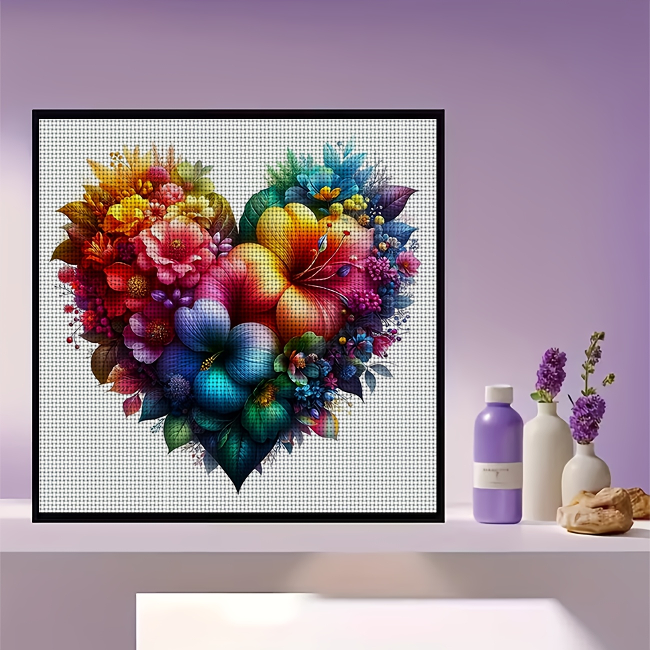 Cross Stitch Printed Kit, Frameless Colorful Flowers Heart Design