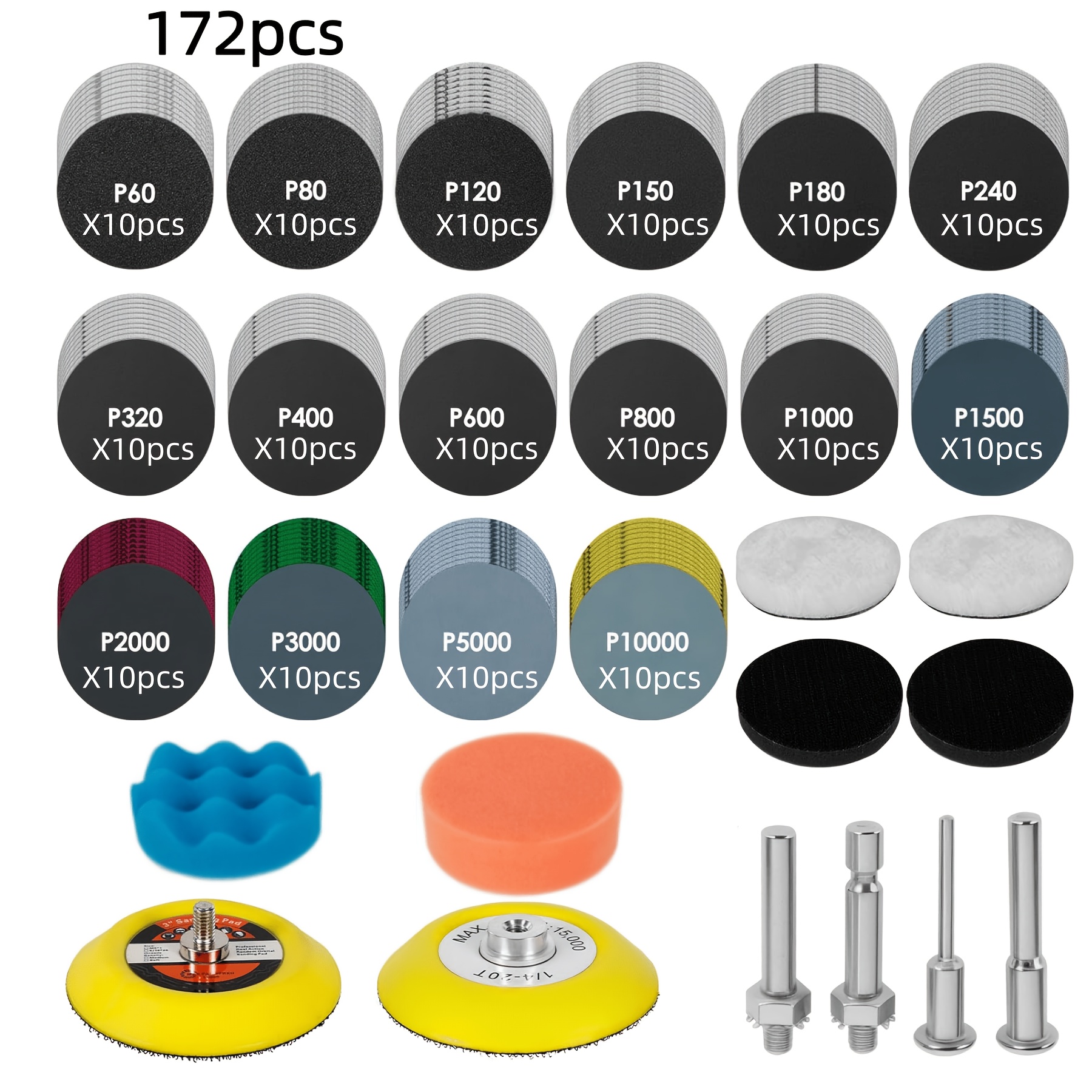 Image of 172pcs 3-inch Wet Dry Sanding Discs Kit With Hook And Loop Polishing Pads, 60 To 10000 Grit Sandpaper Assortment For Drill Attachment, Car Headlight Restoration And Wood Polishing