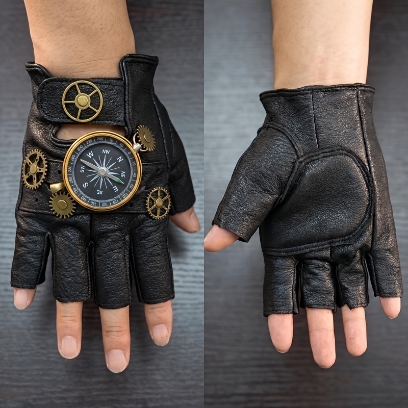 TEMU Gants Steampunk avec Intégrée et Décoration d', Gants Vintage en PU, Accessoire de Costume de Cosplay, Exploration Air, Gants Antidérapants pour
