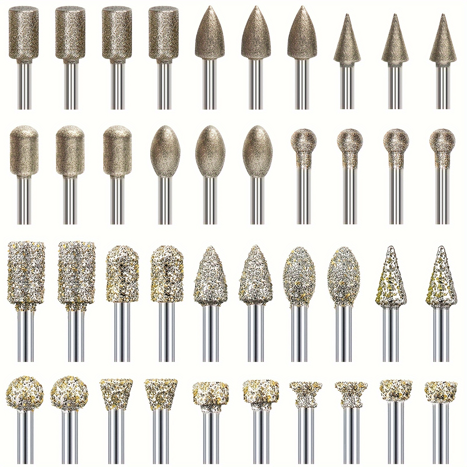 

40pcs Diamond Grinding Burr Bit Set, 60 Mesh And 120 Mesh 20pcs , Rotary Tool Accessories Stone With 1/8 Inch Shank For Stone Ceramic Glass Carving, Grinding, Polishing, Engraving, Sanding