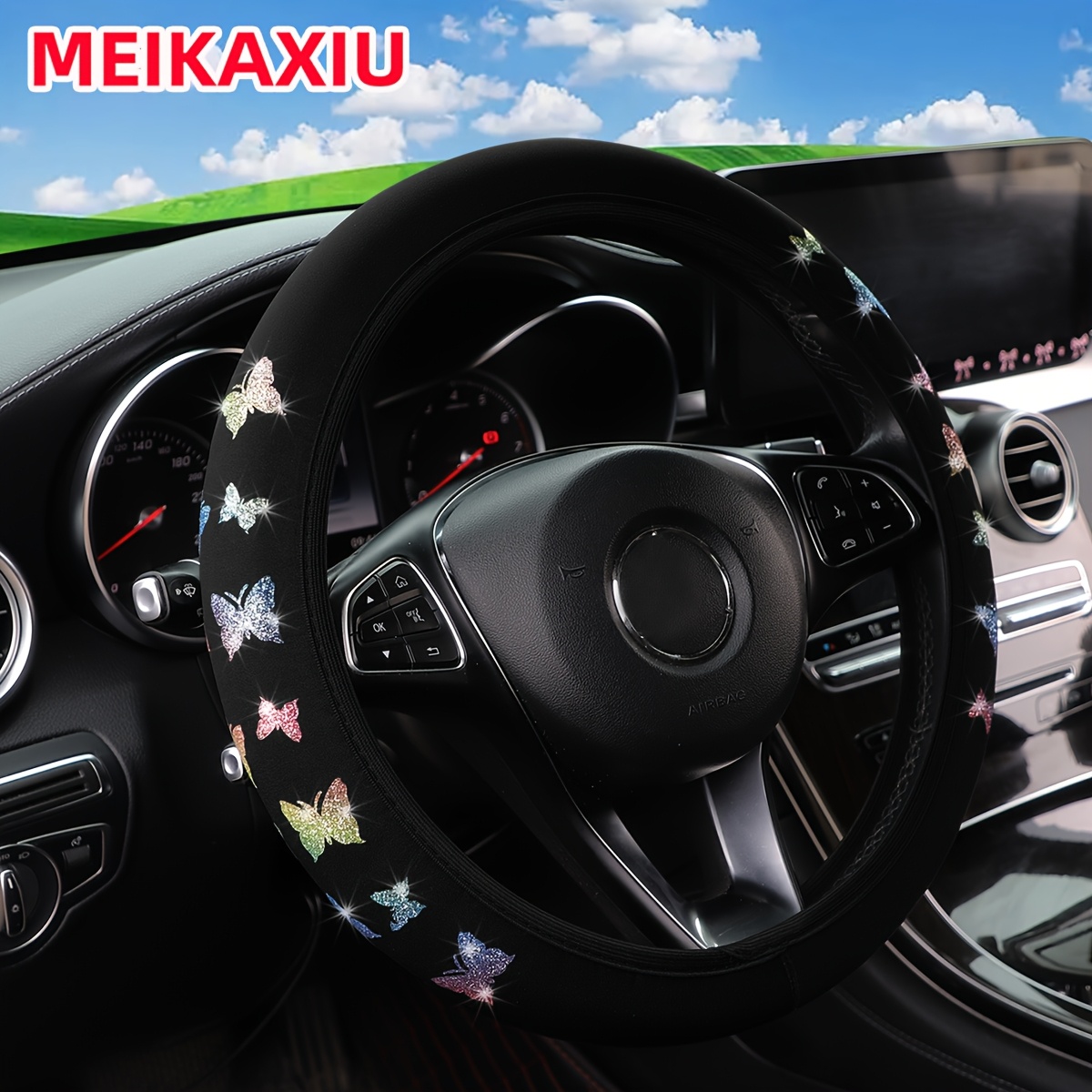 TEMU 1pc Glitter Bling Bling Fabric Steering Wheel Cover For -15 Inch Wheels - No , Durable & Interior Accessory, Cute Steering Wheel Cover, Glossy