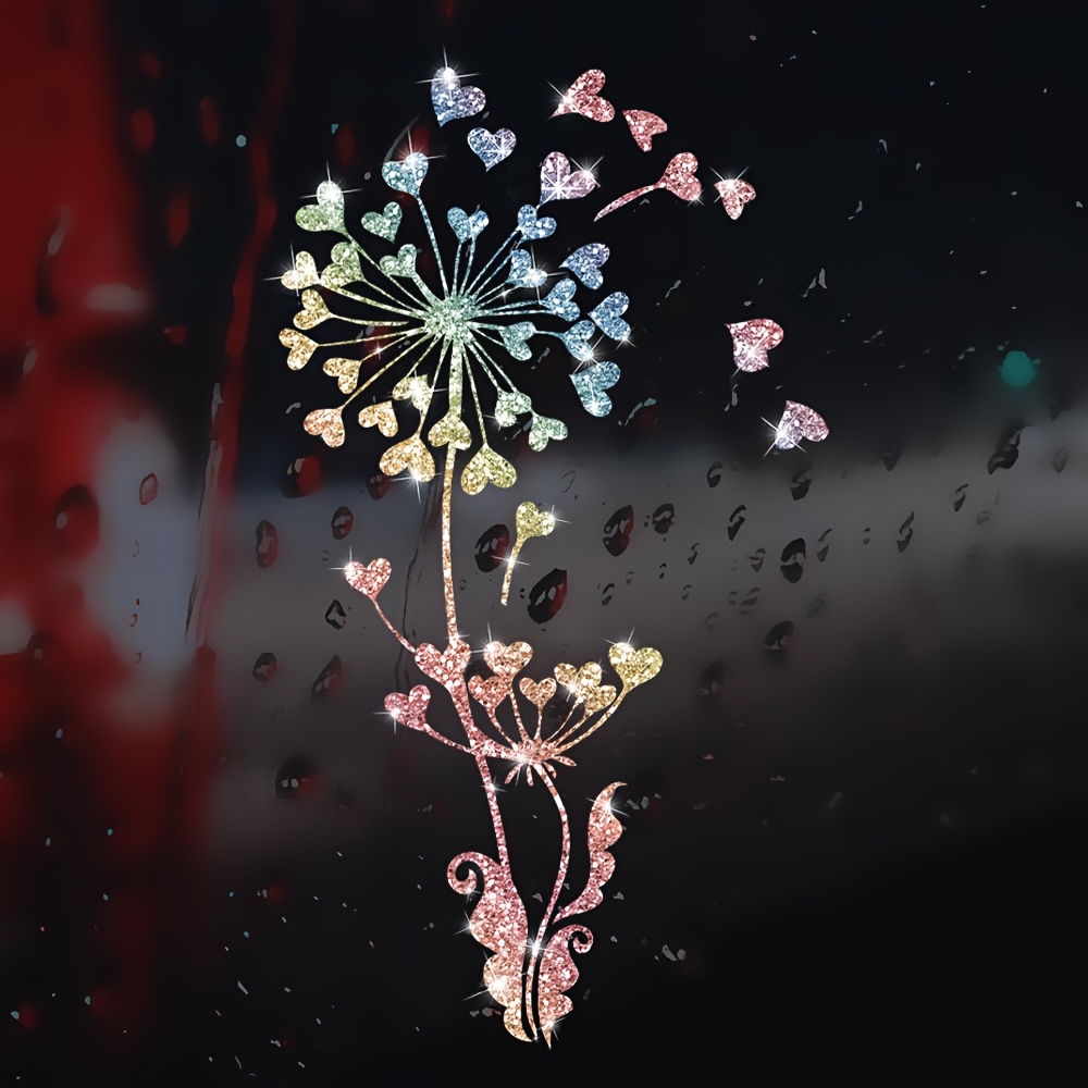 Shiny Heart & Dandelion Flower Vinyl Wall Stickers - Self-adhesive Sparkling Gemstone Decals For Glass, Windows, Fridge, Laptop - Contemporary Floral Decor For Living Room, Bedroom, Kitchen, Office