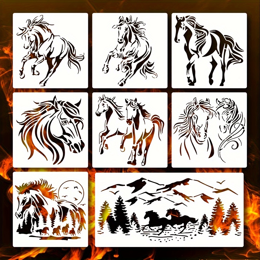 

8pcs Horse Stencils For Painting On Wood, 7 Inch Flame Horse Stencil Reusable, Plastic Diy Horse Art Crafts Forrest Mountain Templates For Farmhouse Wood Wall Canvas Furniture Paper Home Decor