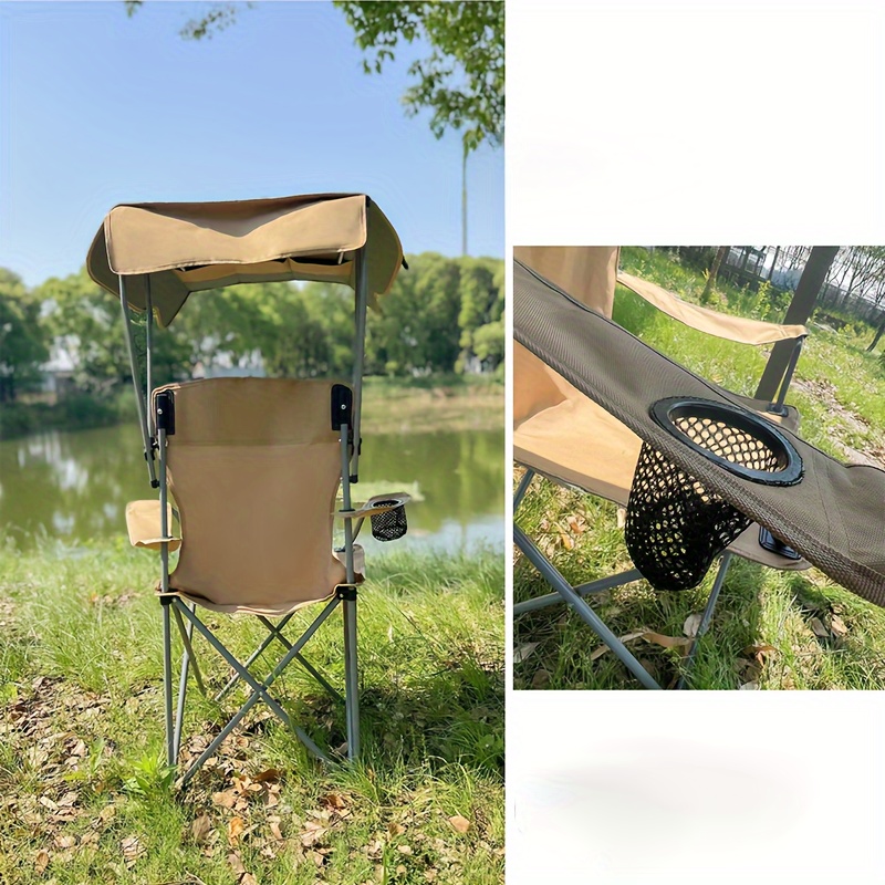 foldable camping chair with sunshade and armrest outdoor portable fishing picnic chair adult steel bracket durable oxford fabric seat cup holder leisure chair for bbq camp activities details 3