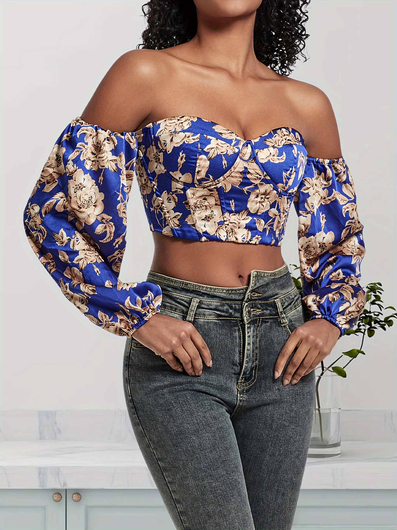 Camisa Blusa Para Mujer con estampado floral de hombros descubiertos. L