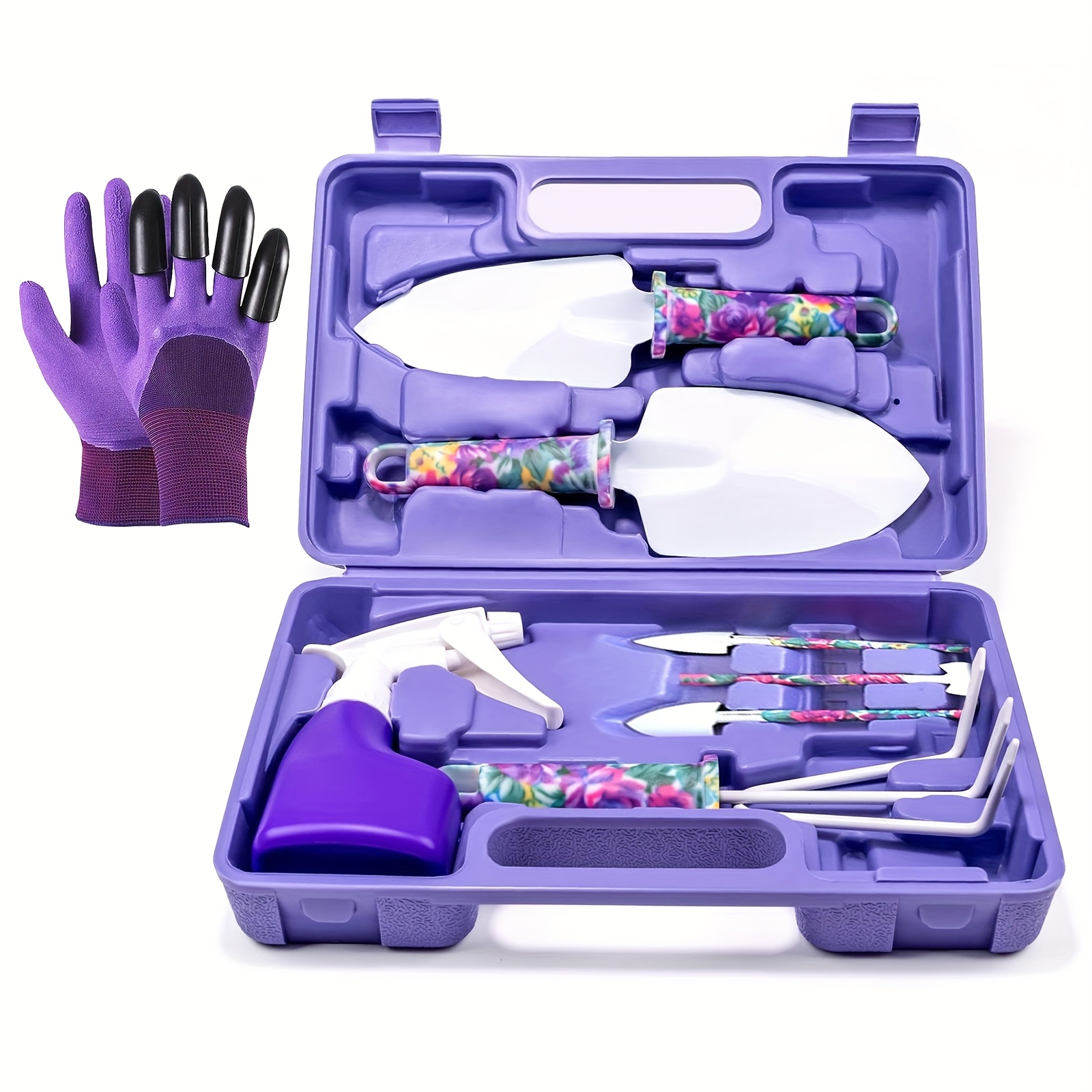 TEMU 9pcs Garden Tools Set, Garden Hand Tools With Carrying Case, Gardening Tools With Floral Print, Ergonomic Handle Trowel Rake Weeder Sprayer