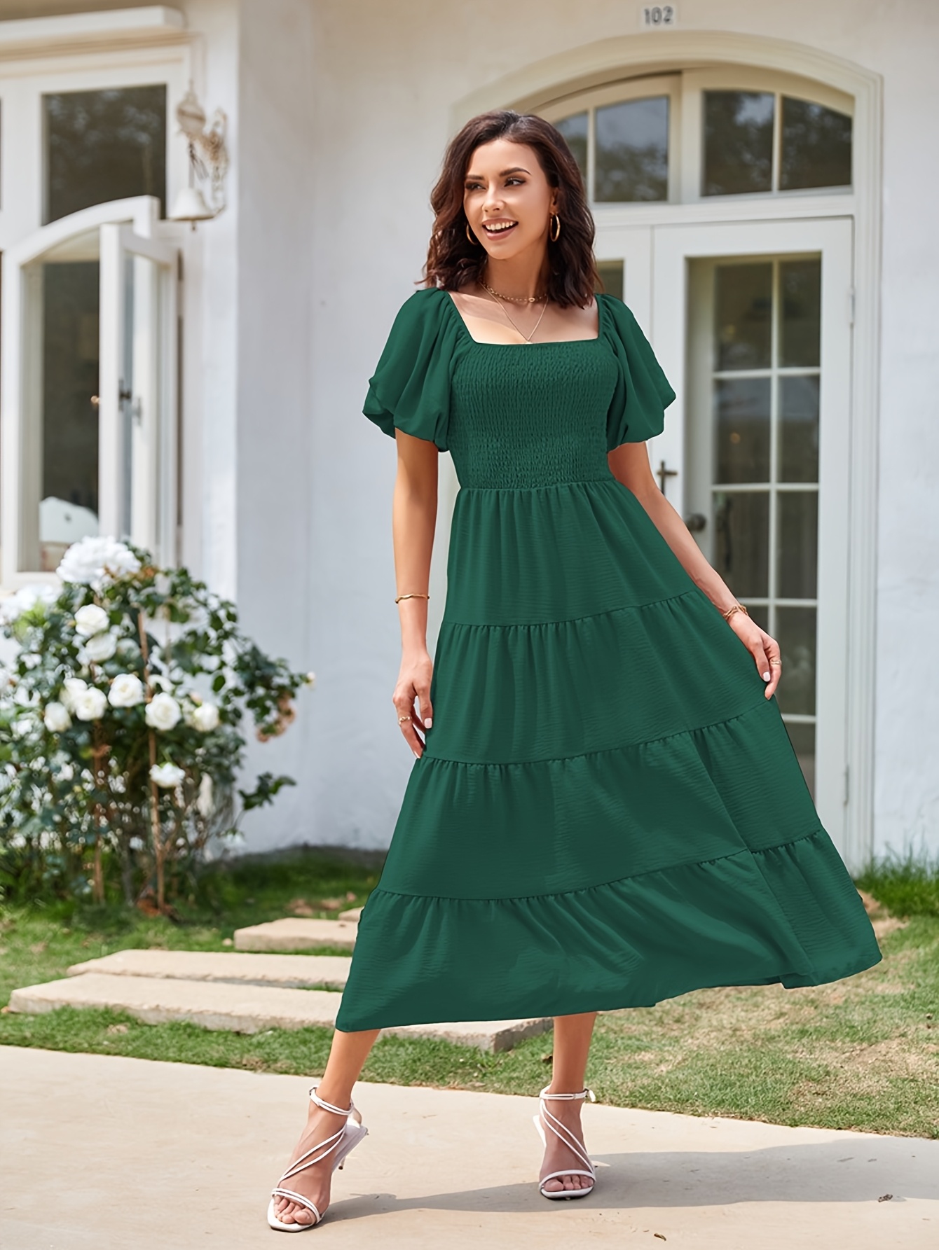 sunygal Women's Elegant Off-Shoulder Backless Dress with Short Flared  Sleeves Emerald Green Long Formal Party Dress, Machine Washable Regular  Fit,