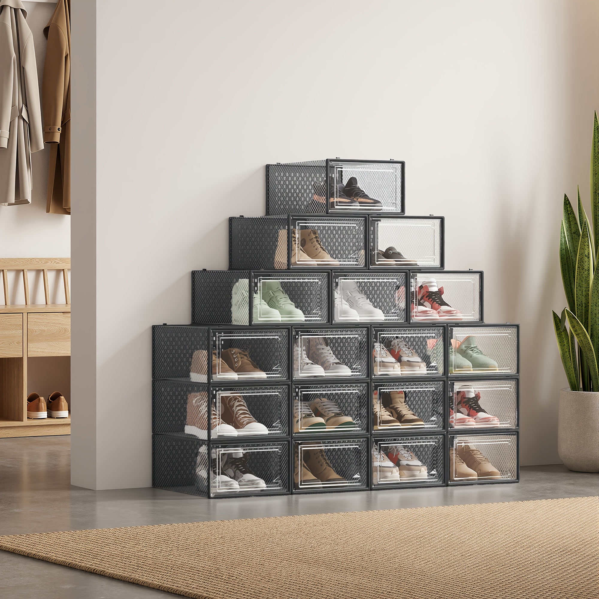 TEMU Ensemble de 18 boîtes à chaussures empilables, boîtes de rangement pliables pour baskets, boîtes à chaussures transparentes avec ventilation,