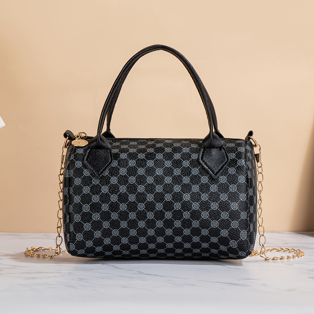TEMU Fashionable Vintage Print Makeup Storage Bag With Metal Chain Shoulder Strap, 2026 Summer New Arrival Handbag Crossbody Bag For Women, Polka Dot