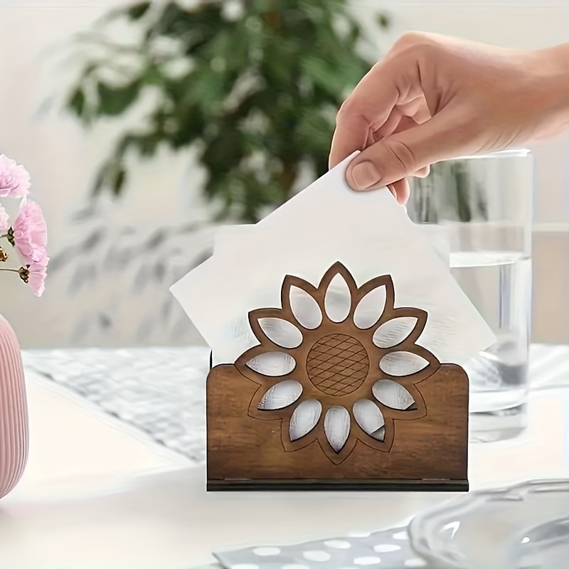 Image of Wooden Sunflower Napkin Holder Decor, Perfect For Restaurants, Bars, Hotels, And Home Kitchen Tabletop Accents