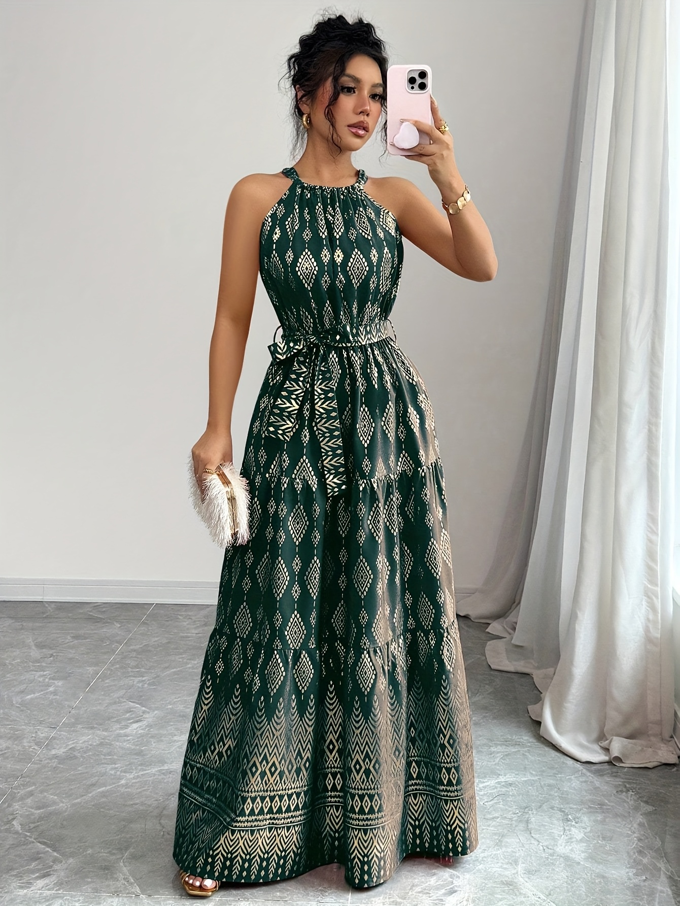 elegant geometric print halter neck maxi dress belt - Temu United Arab  Emirates