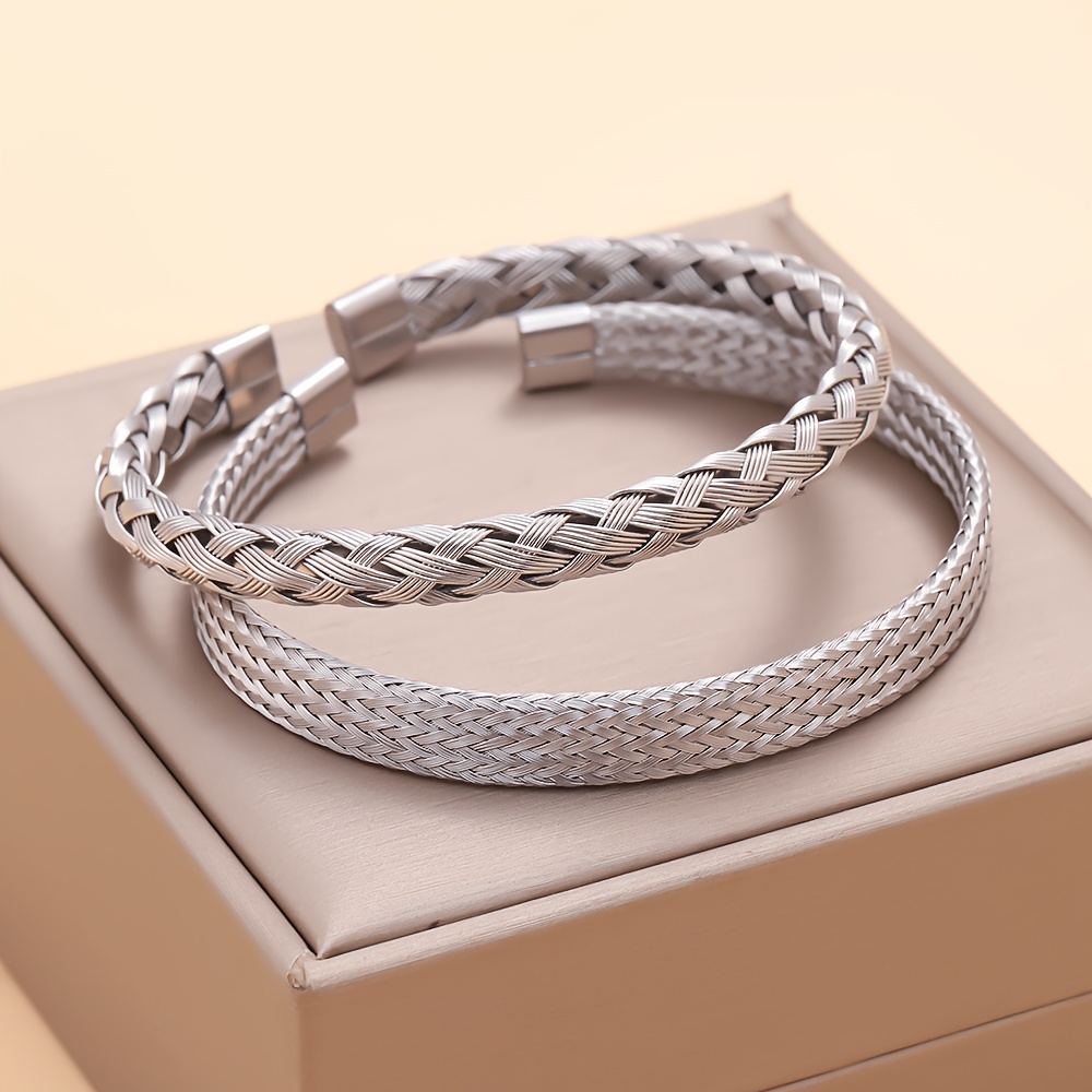 TEMU 2 pulseras abiertas tejidas de acero inoxidable, aptas para hombres y mujeres, pulsera ajustable con forma de C y de alambre tejido vintage,