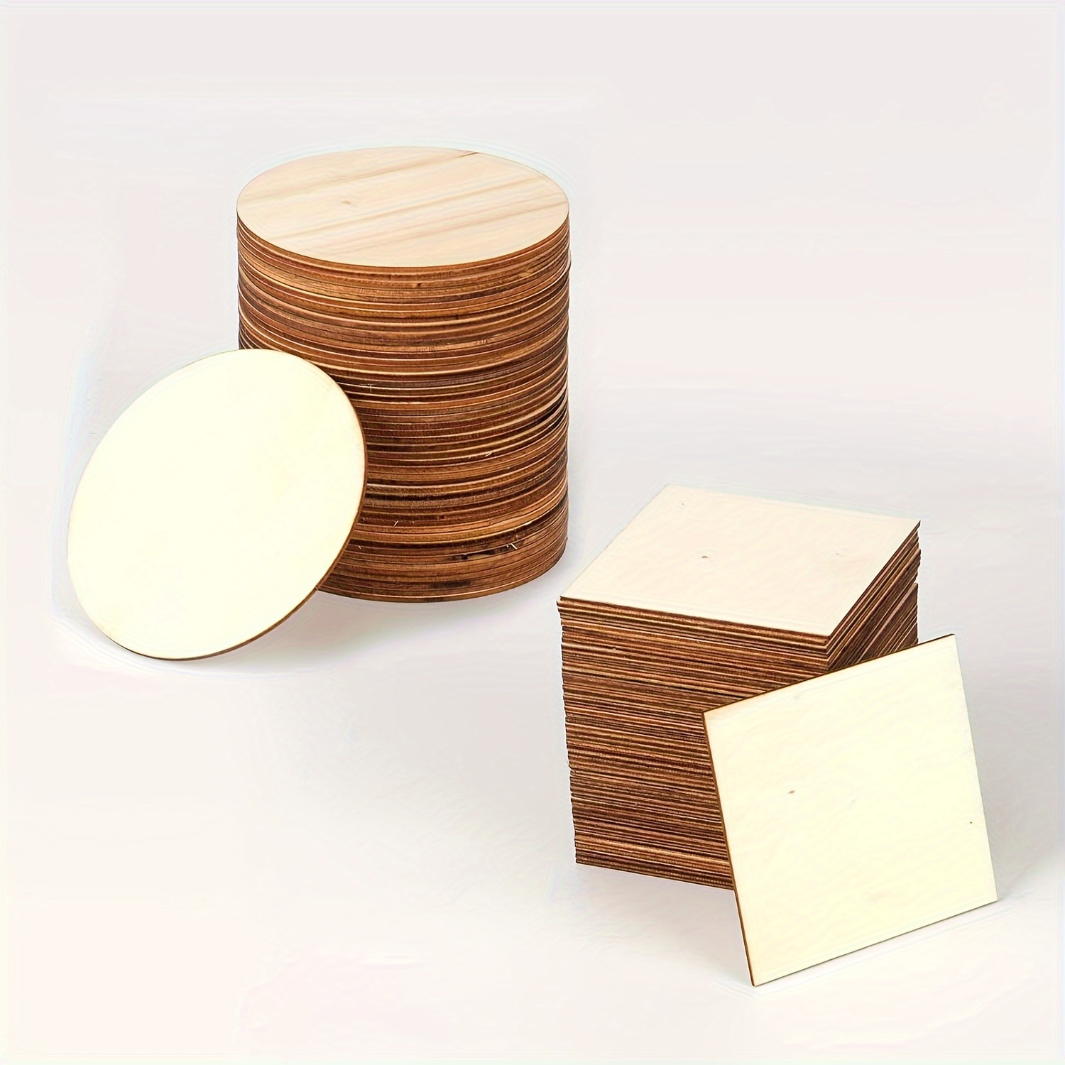 Image of 100pcs Wood Pieces 4 X 4 Wooden Slices Wood Chips For Home Decoration Wooden Coasters And Crafts, Includes 50pcs Wood Squares And 50pcs Wood Circles