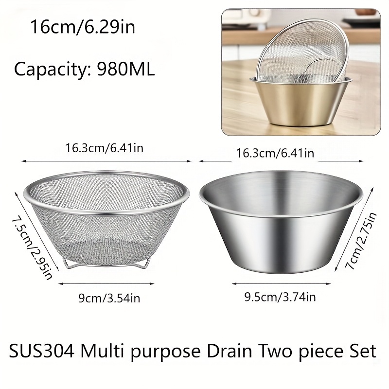 Image of A Set Of 2 Stainless Steel Strainers With Micro-perforated Mesh, Designed For Washing Vegetables, Fruits, . Dishwasher Safe, Perfect For Pasta And Berries