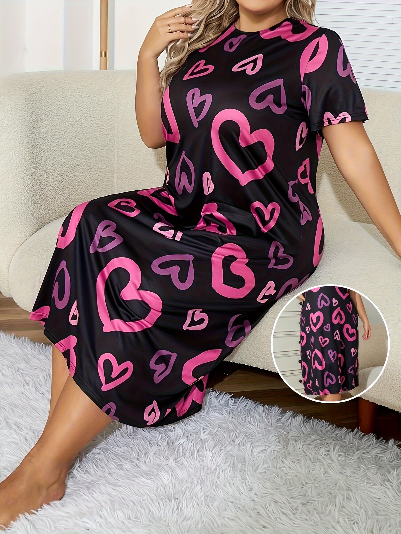 Elegant Plus Size Heart Print Night Dress Polyester and Spandex Blend,  Crew Neck Nightgown with Stretch Sleepshirt for Adults