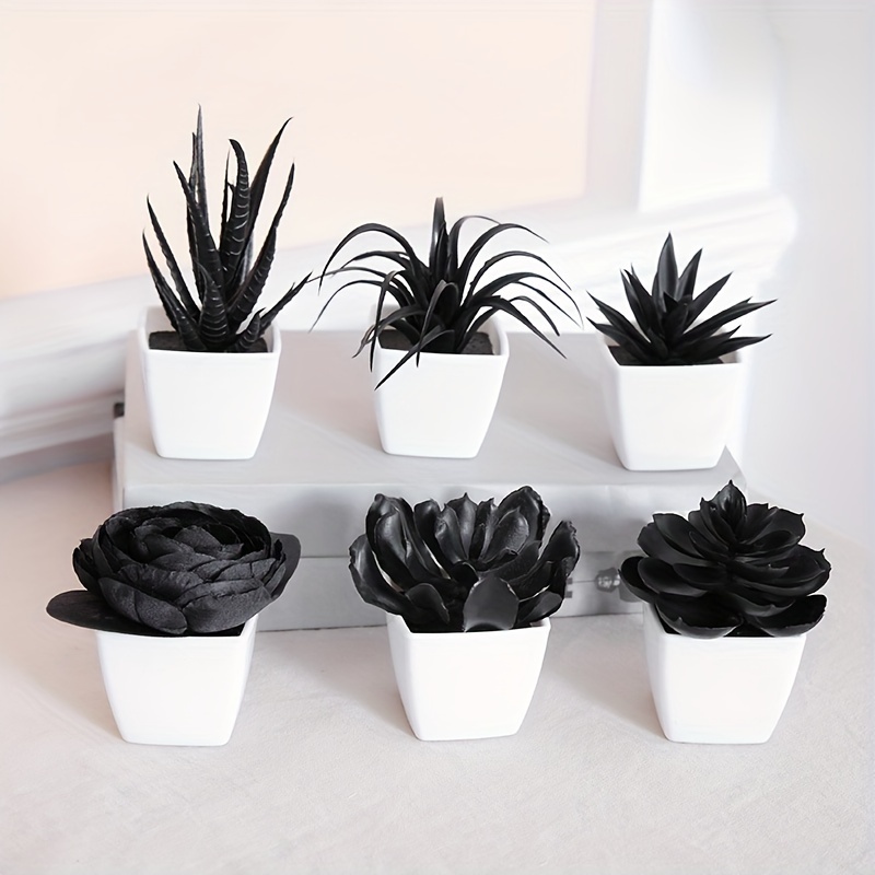 

6pcs Black Artificial Plants In White Pots - Mini Faux Bonsai For Home, Office, Restaurant Decor - Washable & Safe, Pots For Indoor Plants