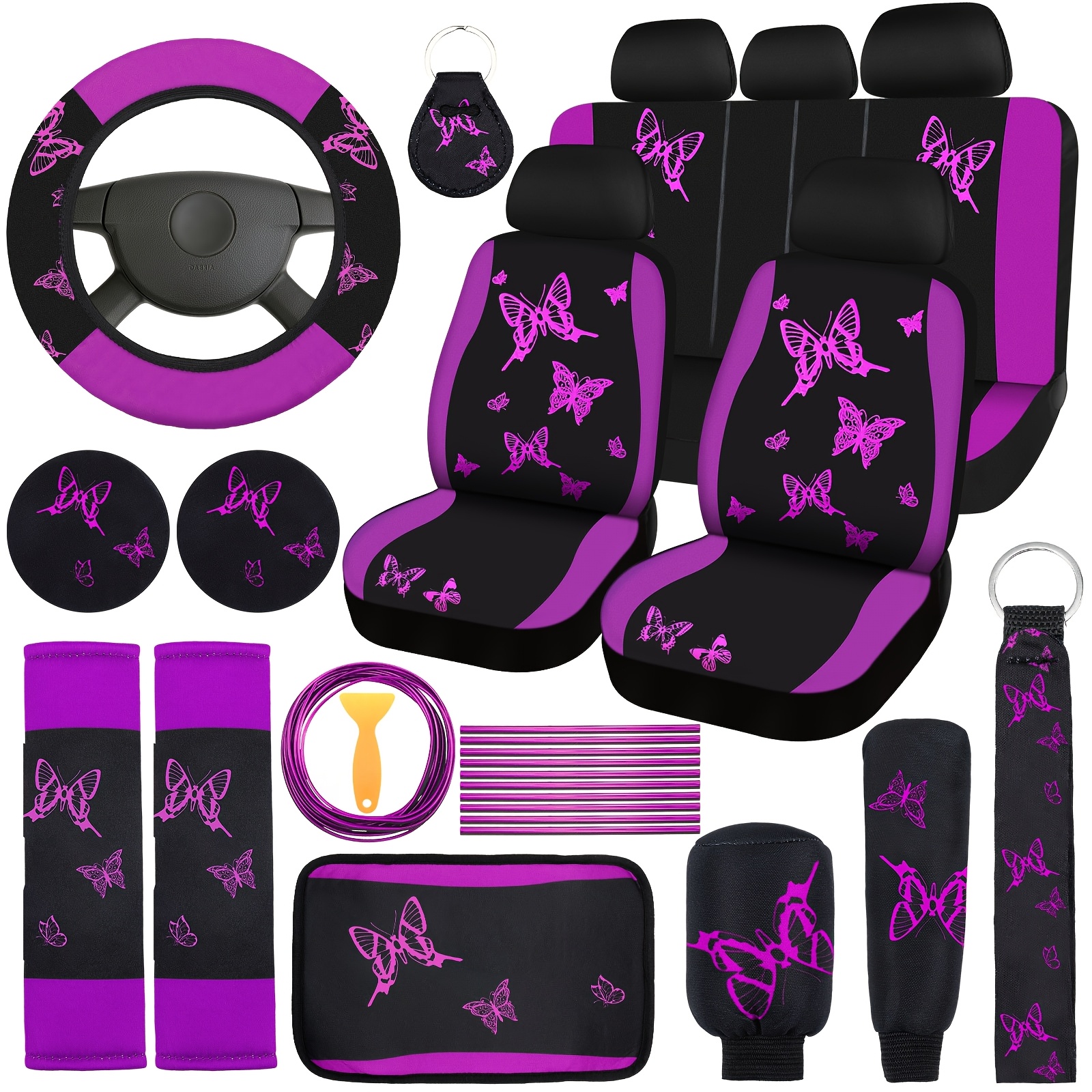 TEMU 43pcs Car Seat Full Set Car Accessories For Women 5 Front Rear Seat Covers Wrist Strap 2pcs Cup Mat Armrest Pad 2 Belt Cover Accessories For Suv (purple, Black), Christmas Gifts