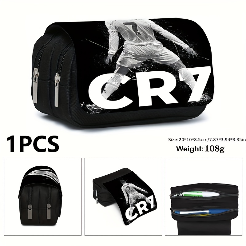 TEMU Un étui à crayons à double couche CR7 Football - Sac à papeterie en polyester durable, boîte à crayons à double fermeture, pochette à crayons et