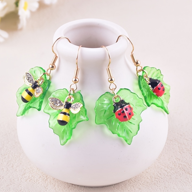Creative Acrylic Drop Earrings Featuring Leaves and Bees