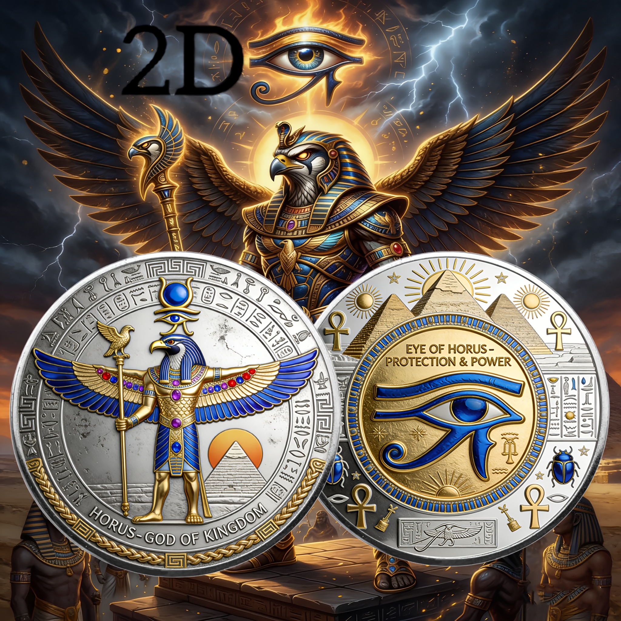 E-shop ., 2D Ägyptischer Amulett Geldstücke Horusauge Schutz und Macht Gedenk Sammlerstück - Ägyptische Mythologie Geldstücke Horusauge Pyramide Ankh