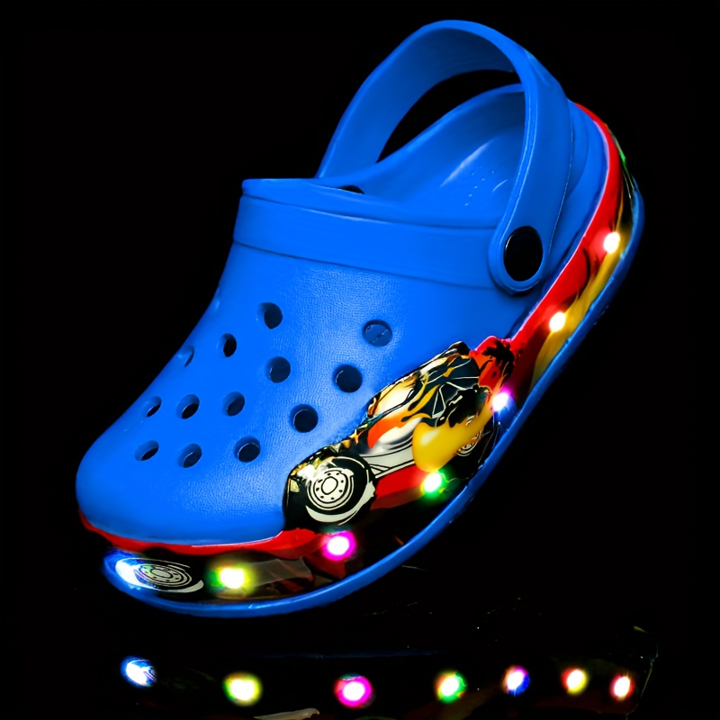 kids glow in the dark clogs breathable eva sports casual shoes non slip beach footwear cartoon pattern slip on closure battery operated for boys girls spring summer fall details 5