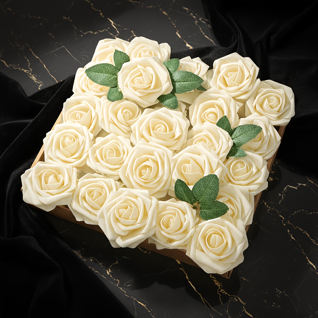 52 Stck champagnerfarbene knstliche Rosen, inklusive 50 gerippte Rosen  zwei Bltter, aus Schaumstoff. * fr DIY-Hochzeiten, Valentinstag  Tisch-/Heimdekoration, Geschenkpartys Deko. Ideal fr ...