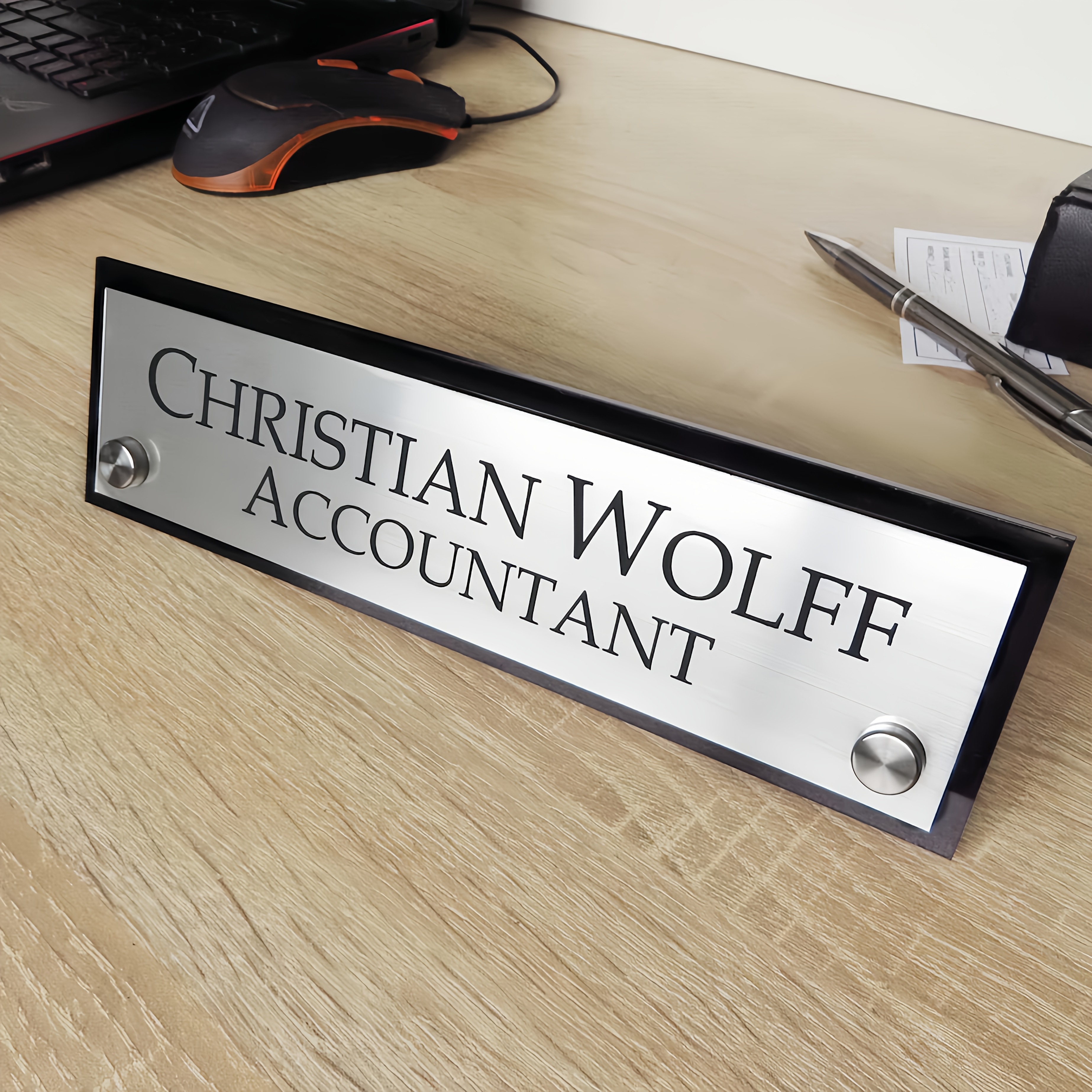 

Personalised Desk Name Plate, Custom Engraved Desk Sign, Acrylic Plaque, Executive