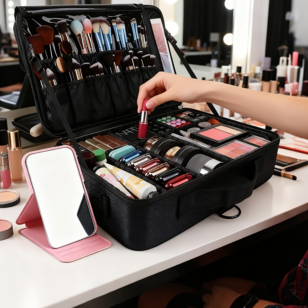 Makeup Case Professional Train Case Large Makeup Bag, Travel Cosmetic Organizer Brush Holder Makeup Artist Storage Box, for Cosmetics Makeup Brushes Toiletry Jewelry Digital Accessories, 15.8 Inches, with Adjustable Dividers and Shoulder Strap 7 Makeup Case, Professional Train Case Large Makeup Bag, Travel Cosmetic Organizer Brush Holder Makeup Artist Storage Box, for Cosmetics Makeup Brushes Toiletry Jewelry Digital Accessories, 15.8 Inches, with Adjustable Dividers and Shoulder Strap