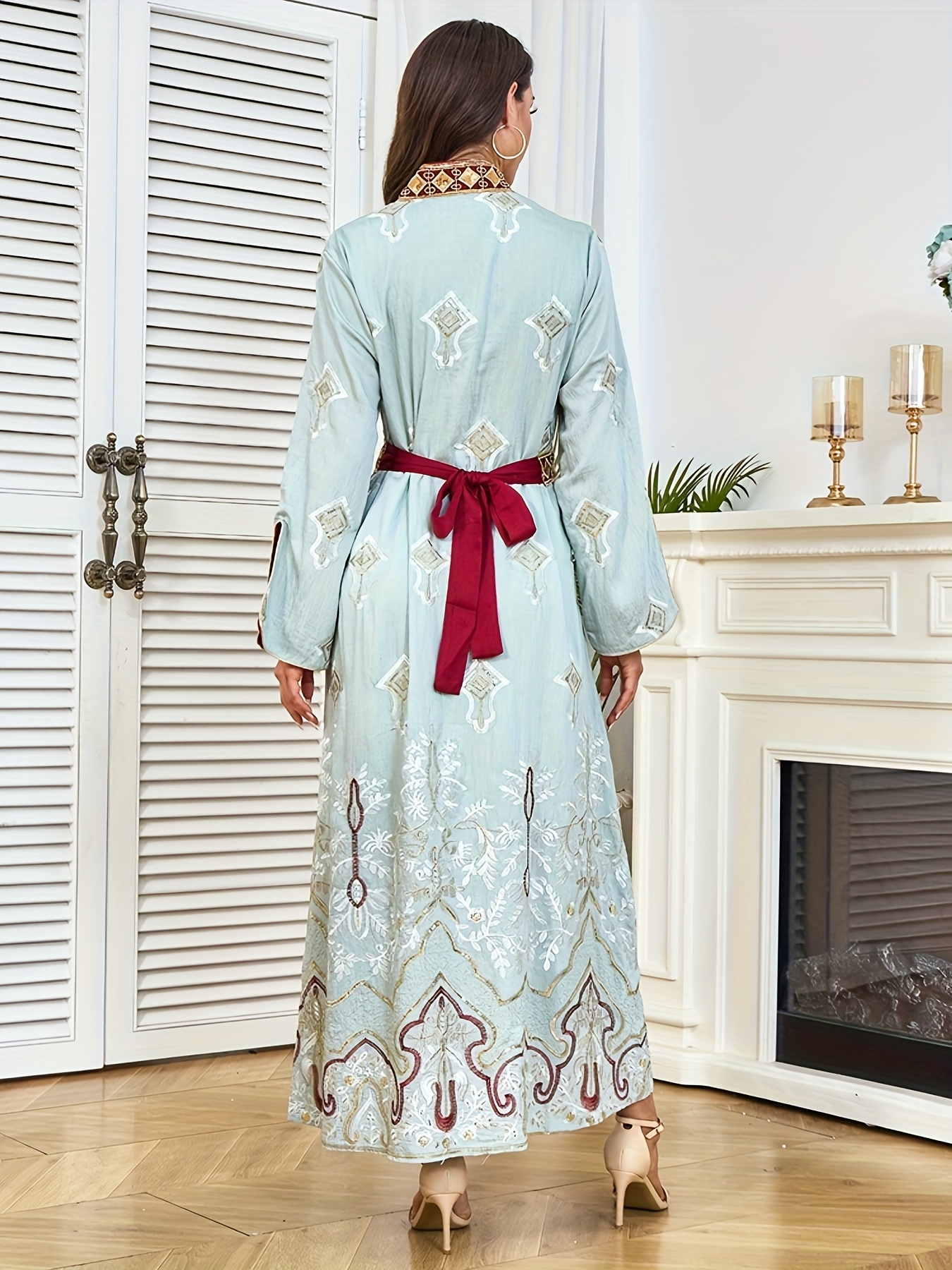chinese dress ladies Women Muslim Cardigan Dress Chiffon Dubai Turkey Kaftan Open Front Kimono  Abaya Robe Middle East Arabian Robe Caftan Islamic Dress Loose Fit Full  Cover Casual Ruffle Sleeve Robe Belted Army Green S
