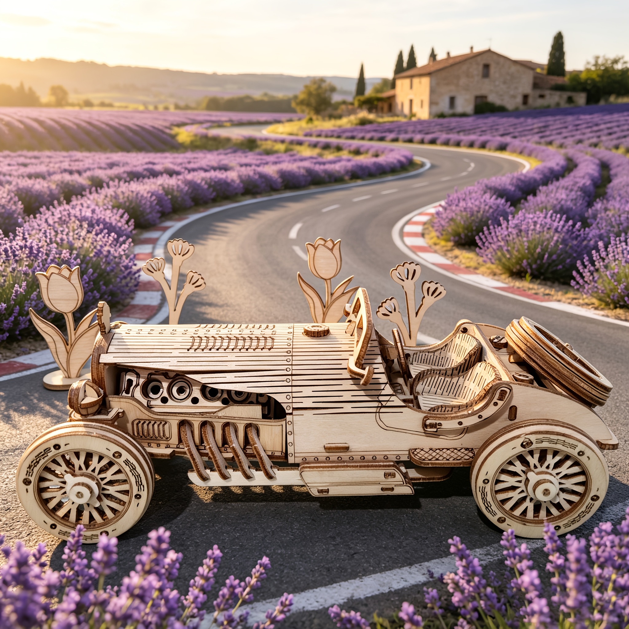 Vintage Convertible Sports Car Wooden Puzzle Set with Flower Ornaments