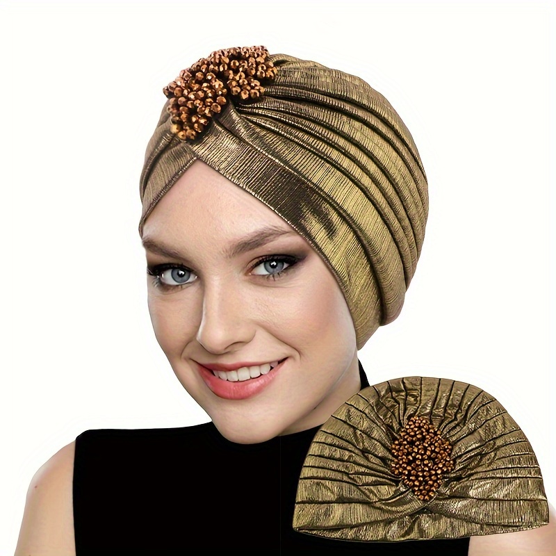E-shop Goldener Rhombus Diamant Vintage Plissee Kopftuch Hut, Goldfolien-Indischer Hut, Arabischer Ethnische Turban, Vollständig Bedeckendes Kopftuch