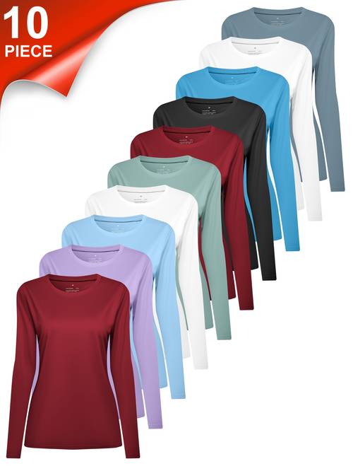 10pcs womens long sleeve crew neck t shirts casual solid colour tops fine beaded ground fabric for and outdoor