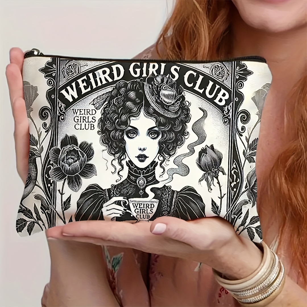 TEMU 1pc, Fun Club Pouch - Gothic Victorian Teacup Design For Women, Black And White Gothic Floral Pattern Zipper Storage Bag, Foldable Travel