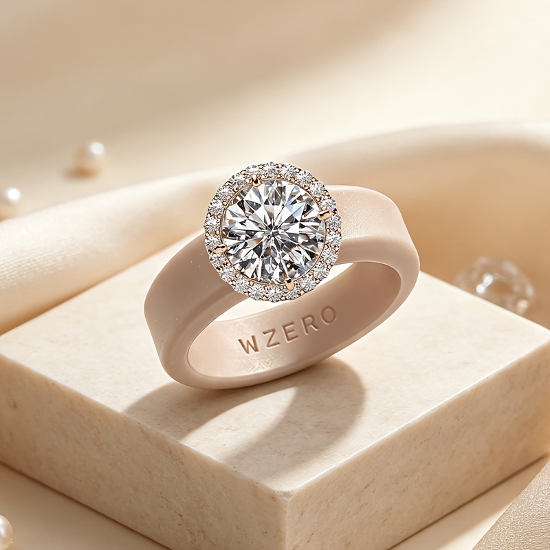 Light Luxury Silicone Ring Holder with Halo Pave Round Main Stone
