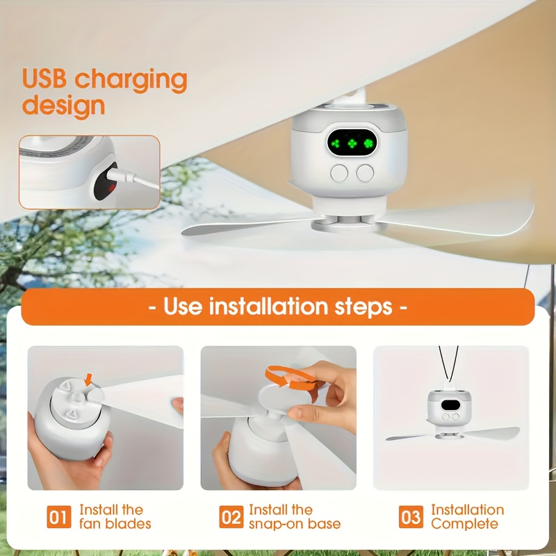 wireless portable ceiling fan with light and remote control adjustment and screen battery display capacity suitable for tents dorms outdoor indoor use Product details 2