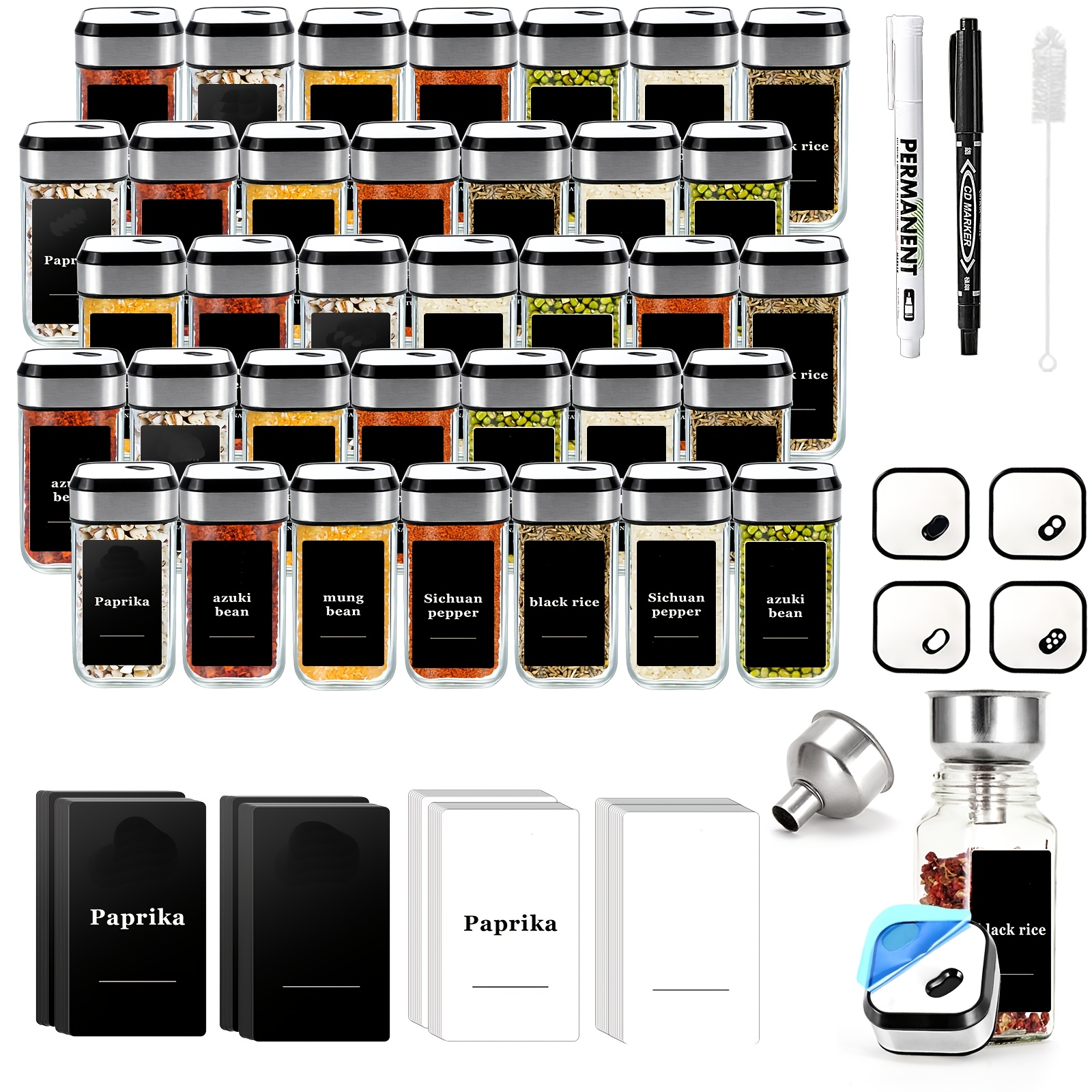 E-shop 35 Gewürzgläser mit Drehverschluss, 120 ml quadratisches Gewürzgläser-Set mit schwarz-weißen Etiketten, Gewürzgläser mit Deckel und Etiketten,
