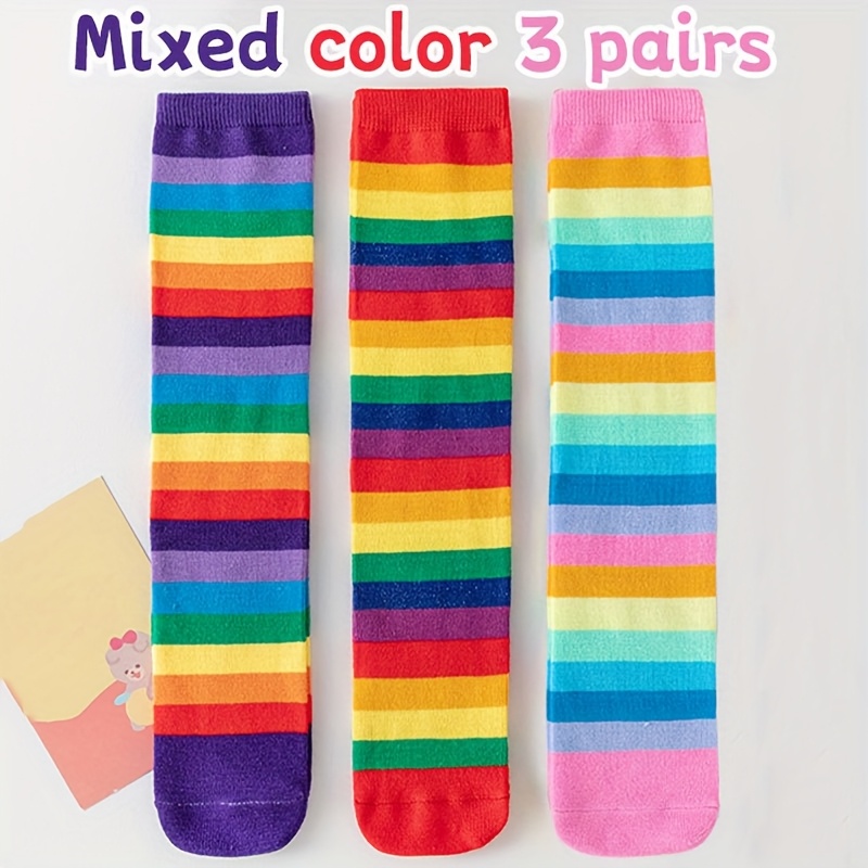 3 Pairs Of Girls' Calf Socks Rainbow Calf Socks
