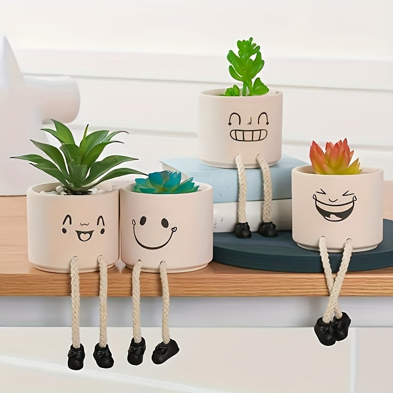 

1 Set Of Ceramic Plant Pots With Hanging Dolls, Design, Handcrafted Ornaments, Decorative Round Flower Pots For Simulated Succulents And Small Plants