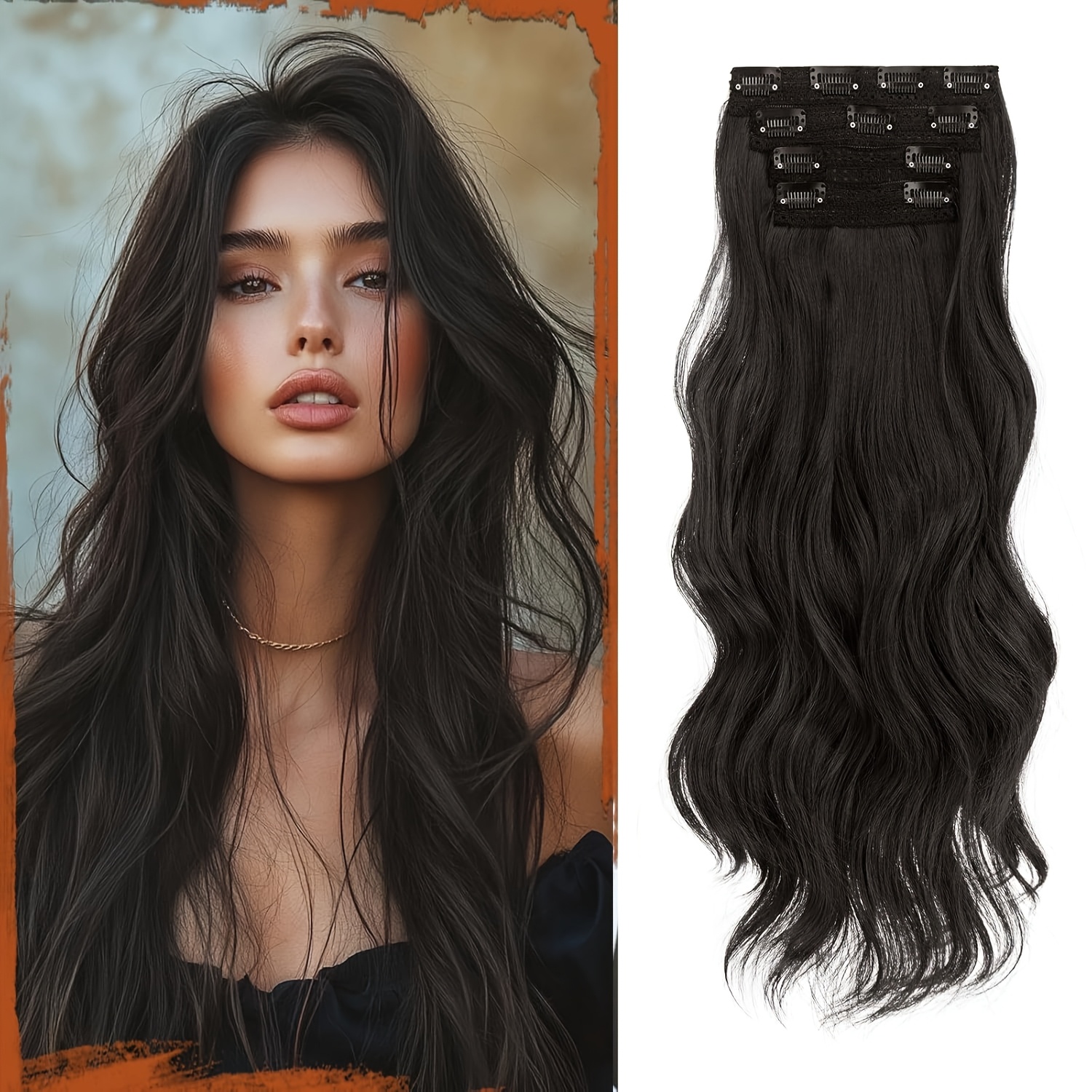 4pcs womens clip in hair extensions 50cm long wavy synthetic hair in natural black and brown soft high temperature fiber for everyday and party use party hair accessories elegant hairpiece secure clip attachment details 1