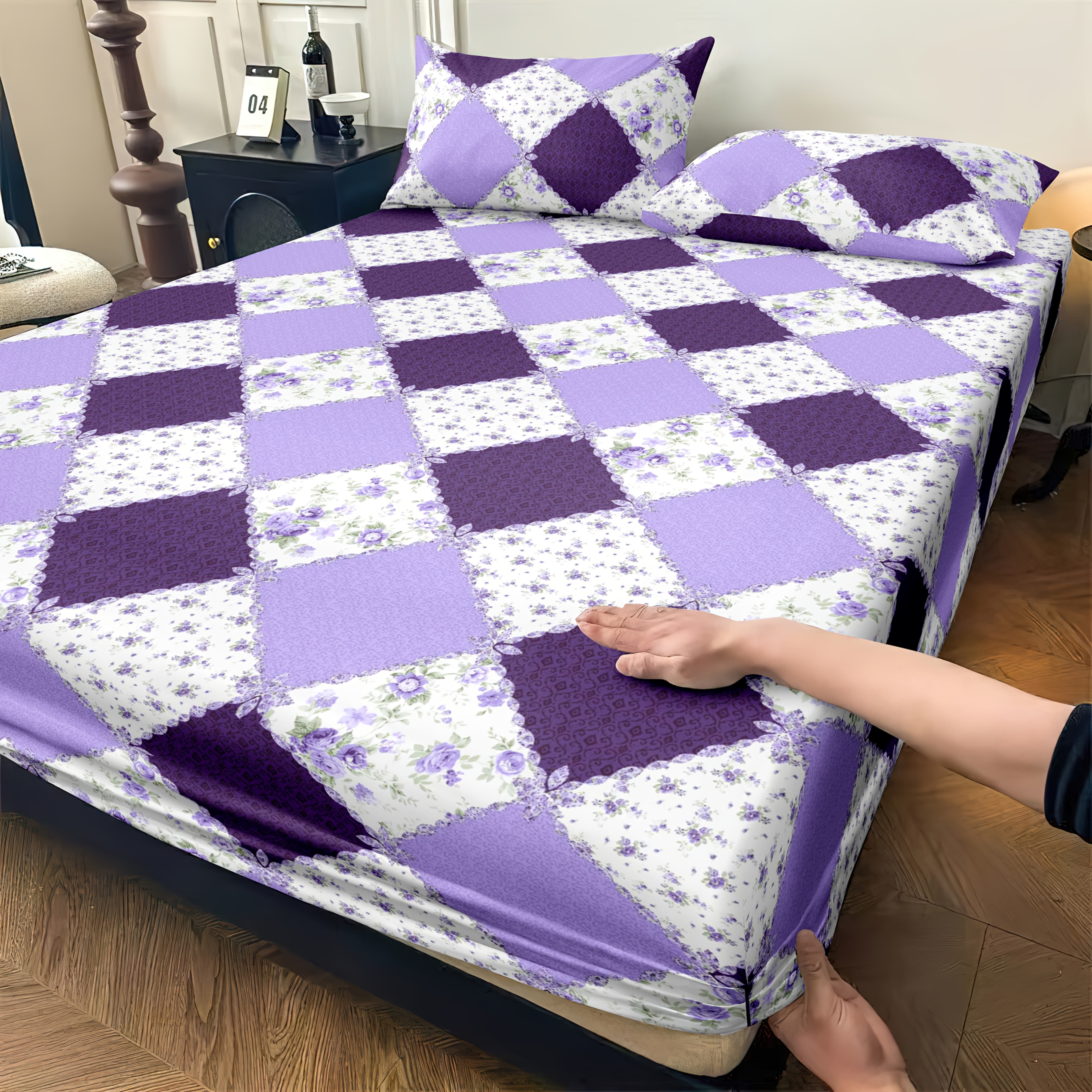 TEMU 3pcs Colorful Comfortable Skin-friendly Mattress Protector Bedding, Fitted Sheet Set, Includes 1 Fitted Sheet + 2 Pillowcases, No Filler, , For